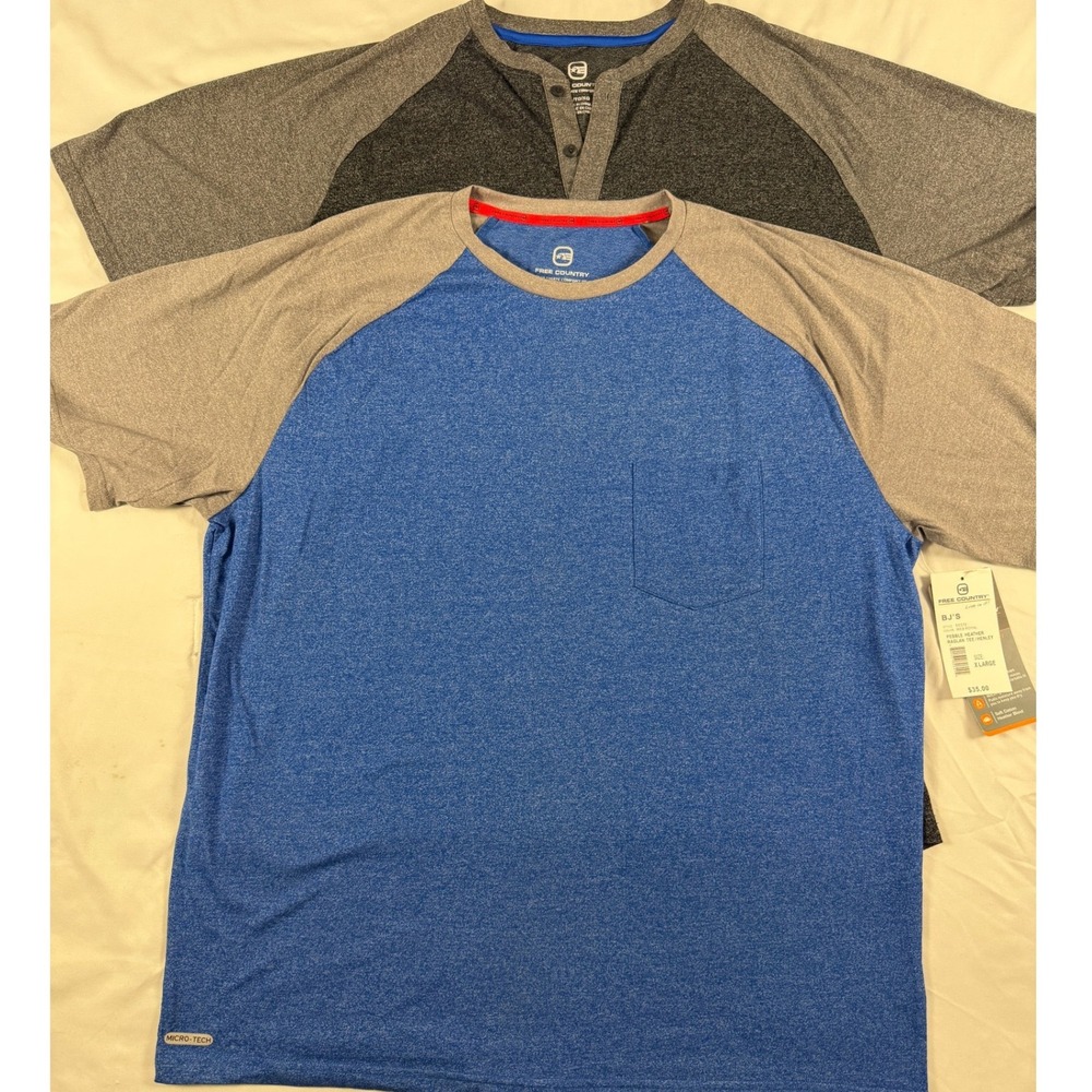 Free Country Mens 2 Pack Raglan Shirts Blue Pocket Tee Charcoal Henley XL NWT